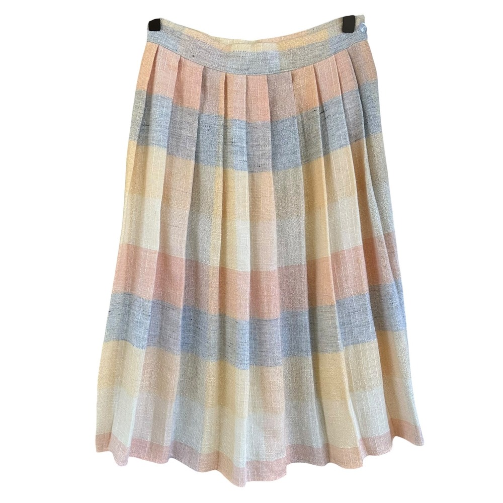 Vintage 70s Sears Fashion Place Pastel Plaid Pleated Midi Skirt Wool Blend 10